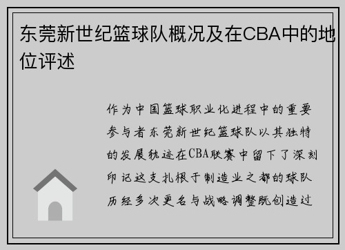 东莞新世纪篮球队概况及在CBA中的地位评述